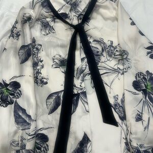 Zara Black and White Floral Tie-Neck Blouse